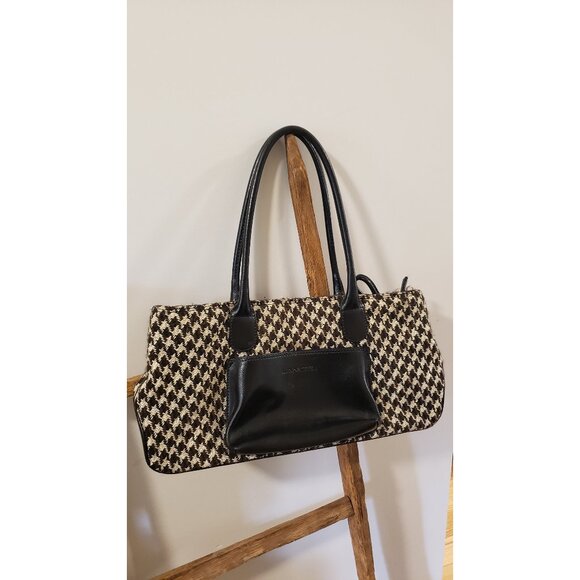 Vintage Lancel Hounstooth Brown White Leather Wool Purse - Picture 1 of 10